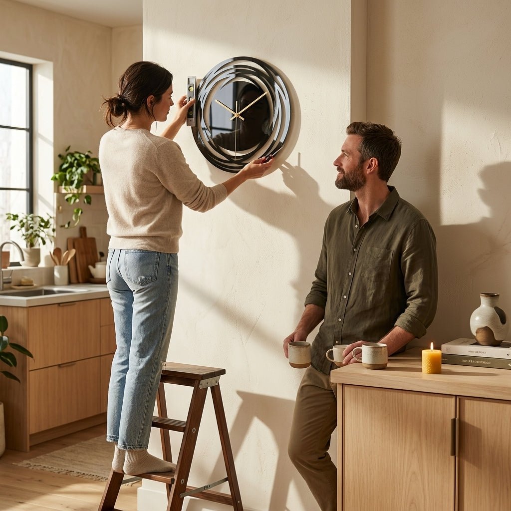 Horloge murale noire acrylique 30cm — jeux d'ombres sur mur blanc, ambiance décorative.