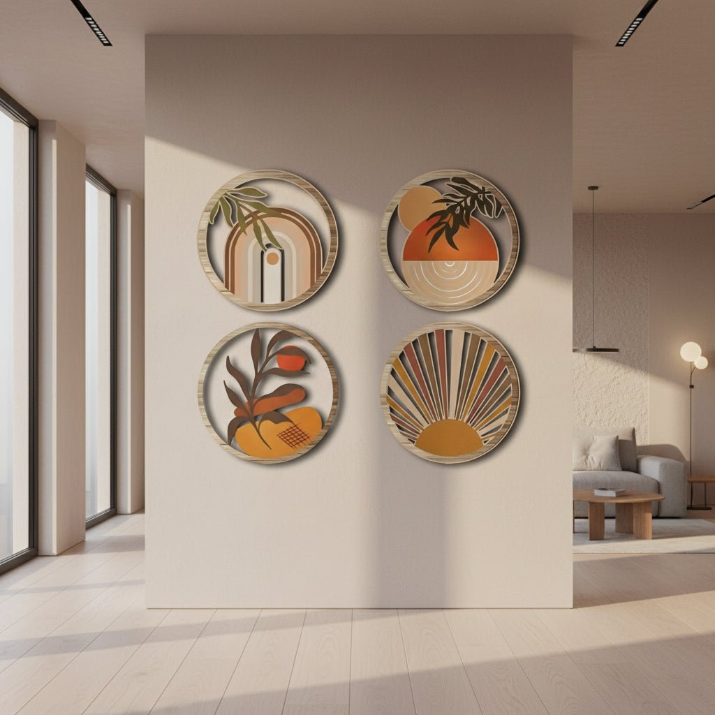 Décoration murale bois ronde, motifs abstraits modernes, ambiance bohème chaleureuse.