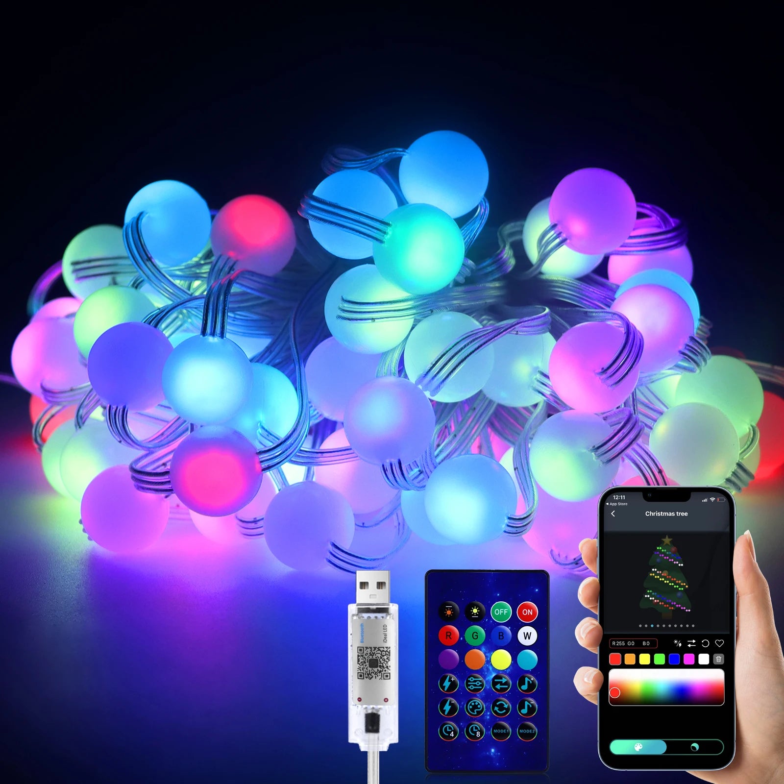 Boule lumineuse guirlande LED multicolore contrôlable par application et télécommande.
