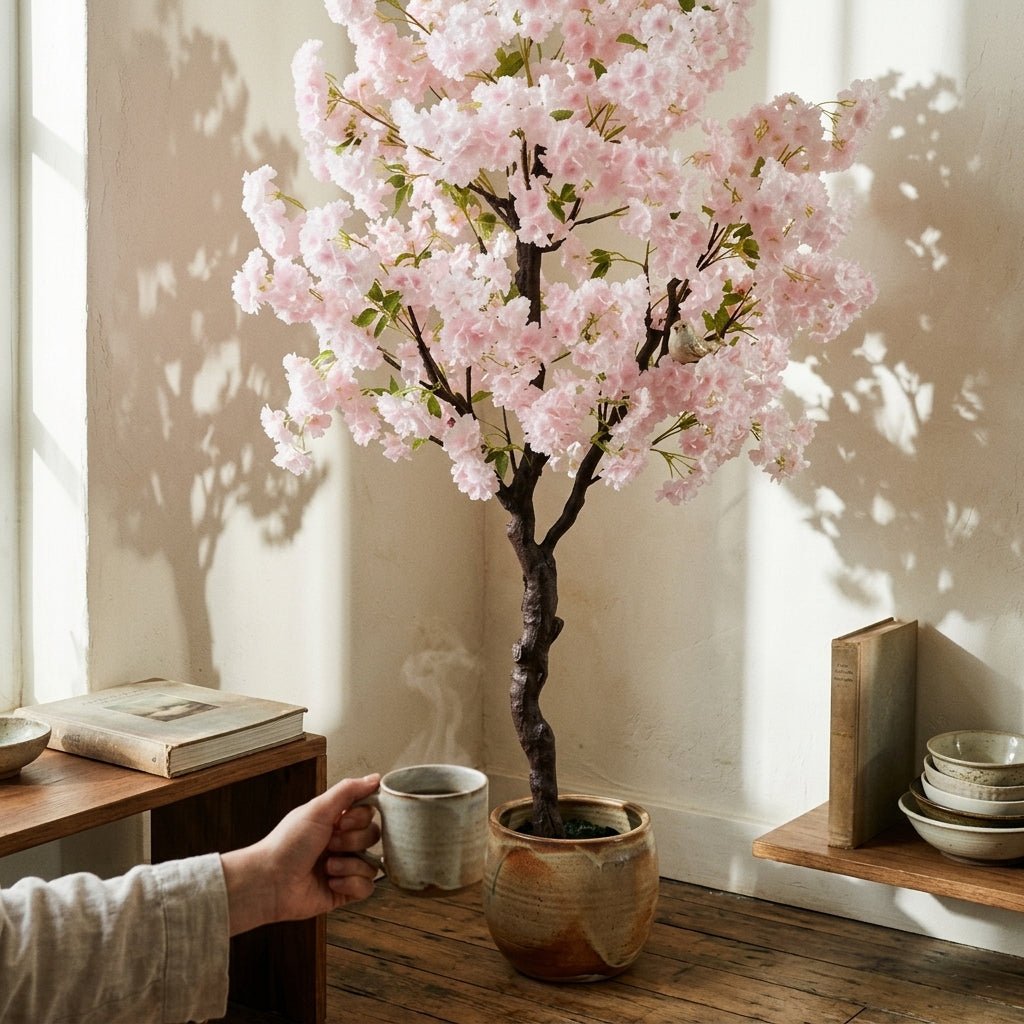 Plante artificielle extérieure cerisier rose clair de 100-150cm, style printemps japonais, de la marque Mafrenesiedecoration.