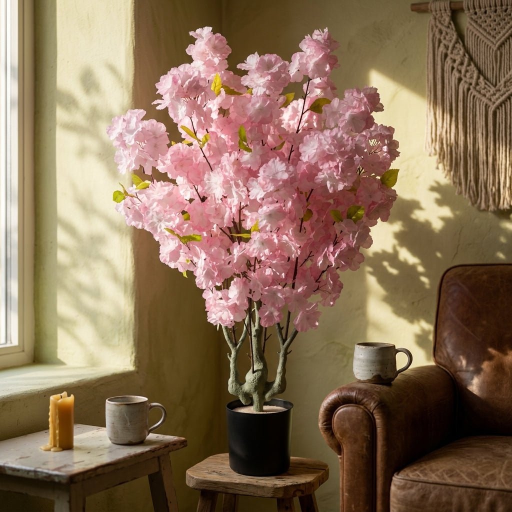 Plante artificielle de cerisier Sakura japonais haut de gamme pour balcon et terrasse, décoration extérieure élégante.