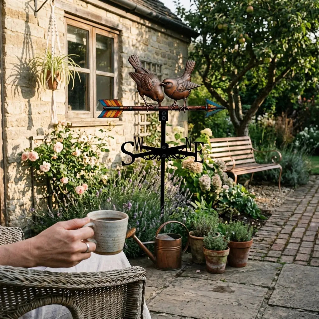 Girouette oiseau en métal installée dans un jardin fleuri près d'une maison en pierre, décoration extérieure champêtre.