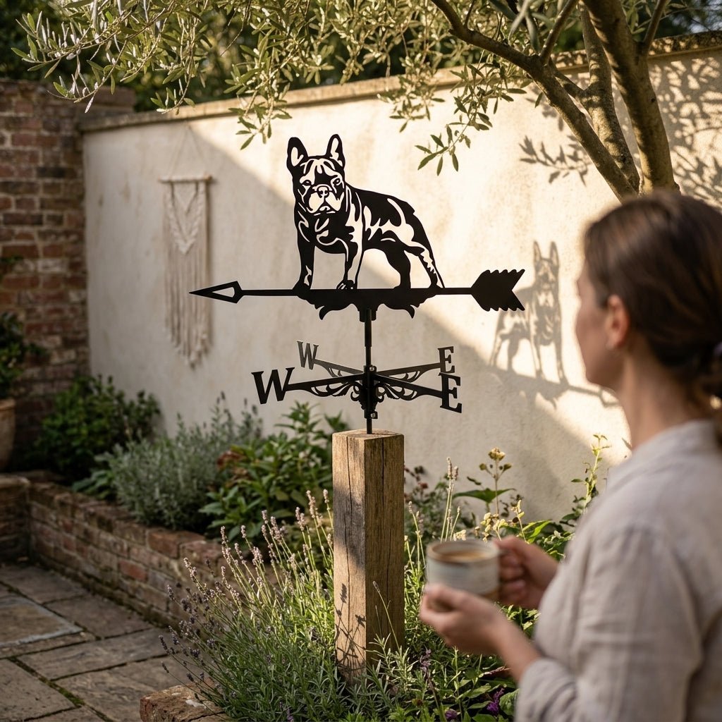 Girouette animée Bouledogue en silhouette en fer forgé, tourne au vent, diamètre 80cm, décoration extérieure élégante