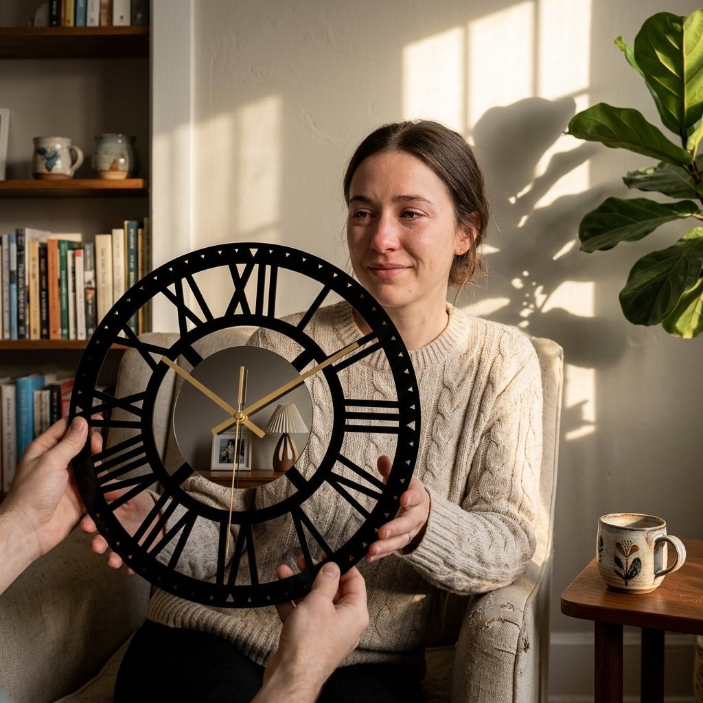 Horloge noire murale Cosmos & Zénith dans salon moderne — idéal esprits curieux décoration originale.