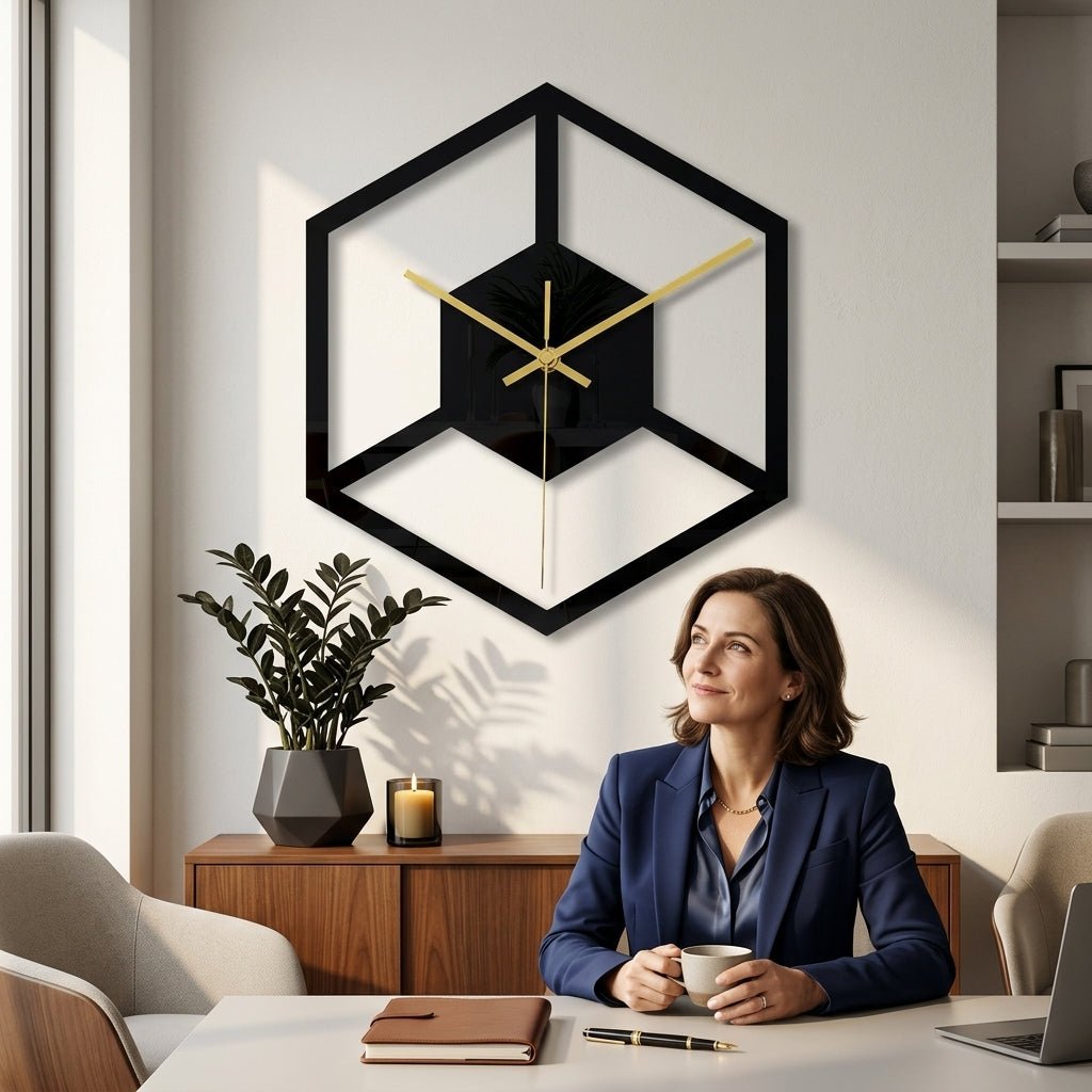 Horloge noire design acrylique motif floral 30cm — idéale chambre et bureau, mécanisme silencieux.