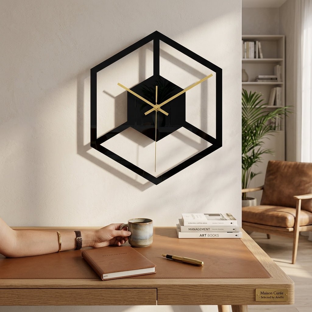 Horloge murale noire design motif floral — vue de face, cadran sans chiffres, aiguilles dorées.