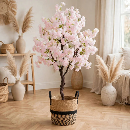 Cache-pot 30cm bande noir et arbre cerisier artificiel 120cm - proportion réelle salon