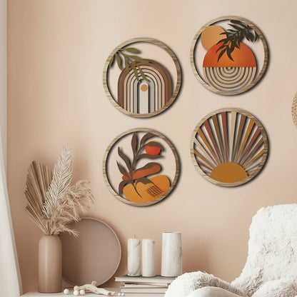 Decoration murale bois moderne, art abstrait, motifs géométriques, couleurs terreuses.