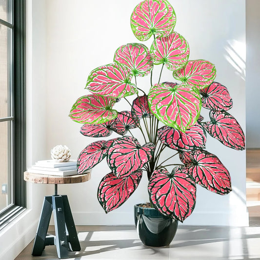 "Caladium Rose, plante artificielle balcon élégant, intérieur moderne, feuilles vibrantes."