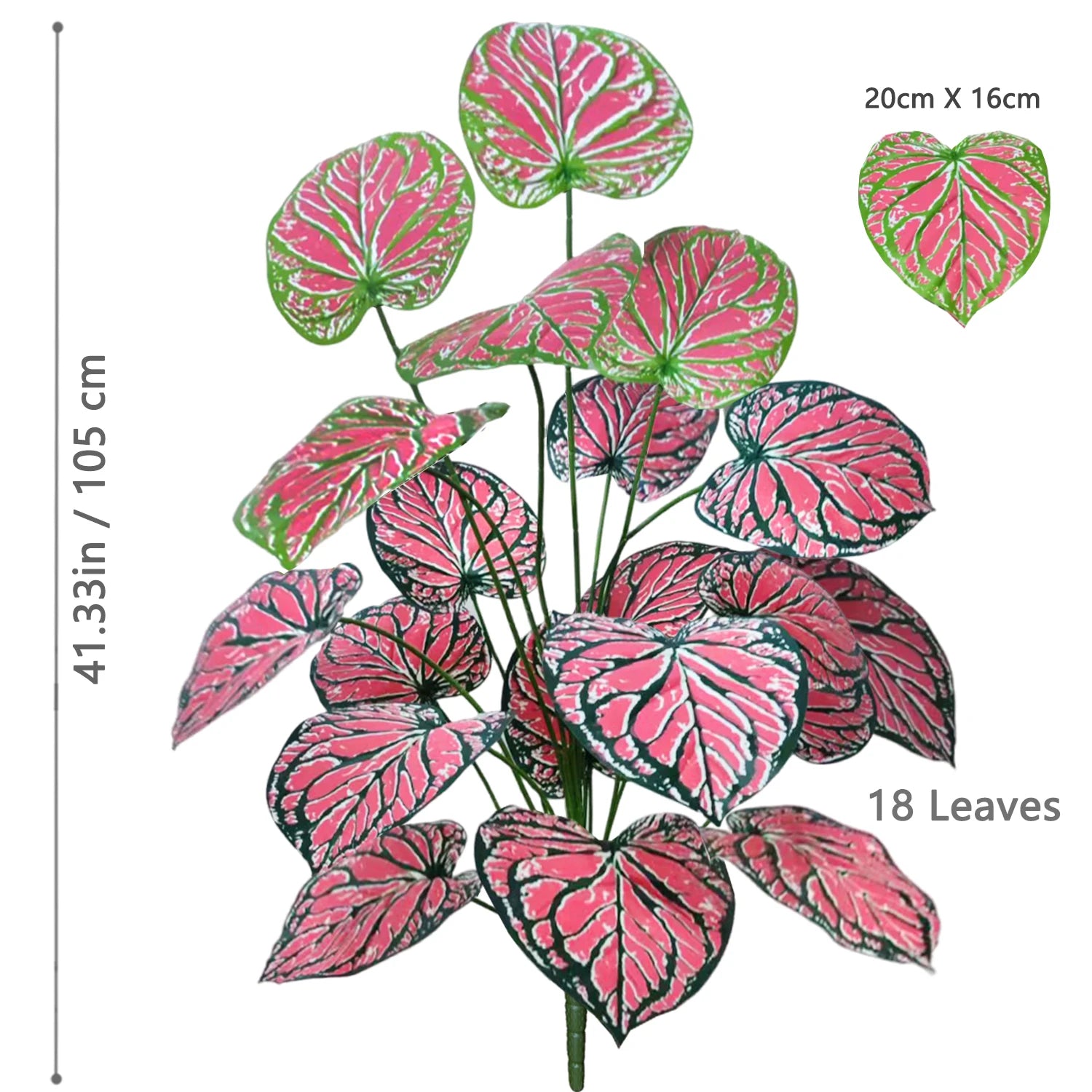 Plante artificielle balcon de Caladium rose avec 18 feuilles, idéale pour balcon.