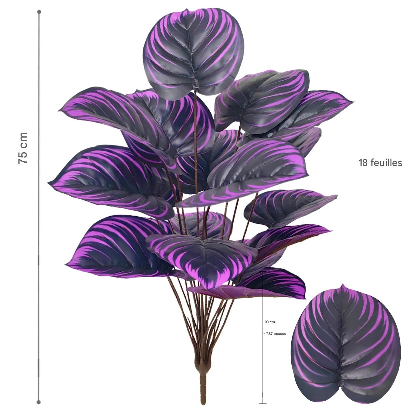Plante artificielle extérieur avec 18 feuilles violettes et grises, mesurant 75 cm de haut.