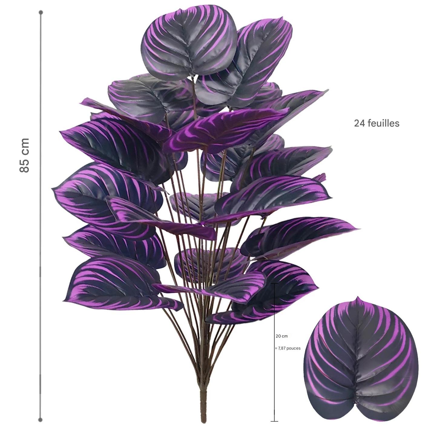 Grandes feuilles violettes et noires de plantes artificielles d'extérieur, 85 cm de haut."
