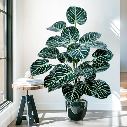 Grande plantes artificielles comme des vraies. ressemblant à un Calathea avec des feuilles vertes striées de blanc, placée dans un pot noir élégant près d'une fenêtre ensoleillée.