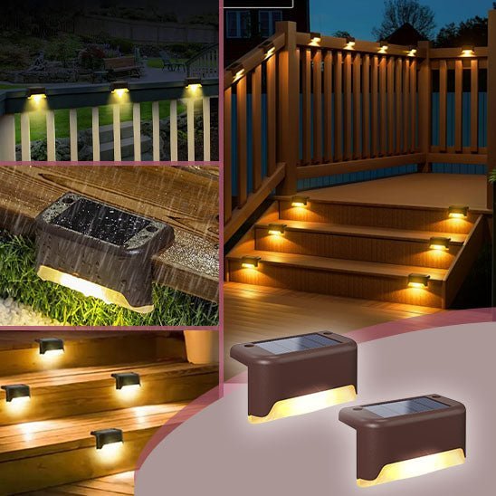 Collage de lampes solaires pour le jardin MagicSolar™ éclairant les escaliers extérieurs, les balustrades de terrasse et les clôtures la nuit, avec des exemples d'installation et deux gros plans de ces lampes d'escalier à LED à énergie solaire.