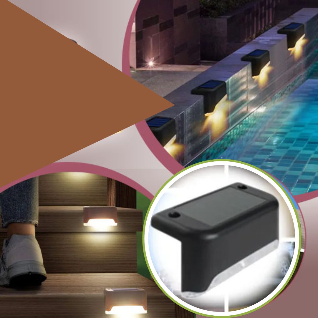 Collage mettant en vedette Lampe solaire pour le jardin - Lampes MagicSolar™ installées le long d'une piscine, sur des marches extérieures avec une personne marchant et un gros plan d'une lumière dans un jardin.