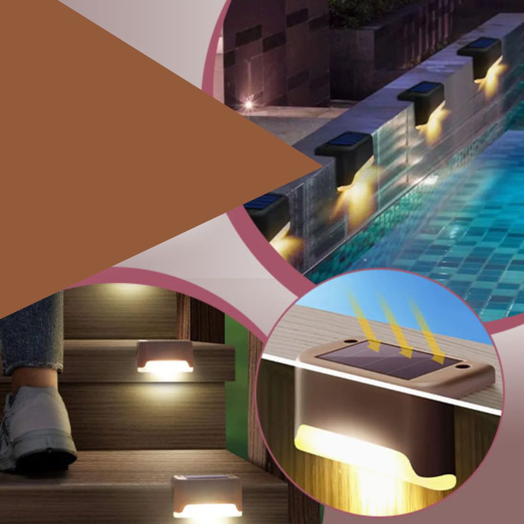 Collage mettant en vedette Lampe solaire pour le jardin - MagicSolar™ : ces lampes solaires de jardin compactes illuminent les escaliers extérieurs et les bords de piscine la nuit, avec un gros plan montrant la lumière du soleil chargeant le panneau solaire sur le dessus.
