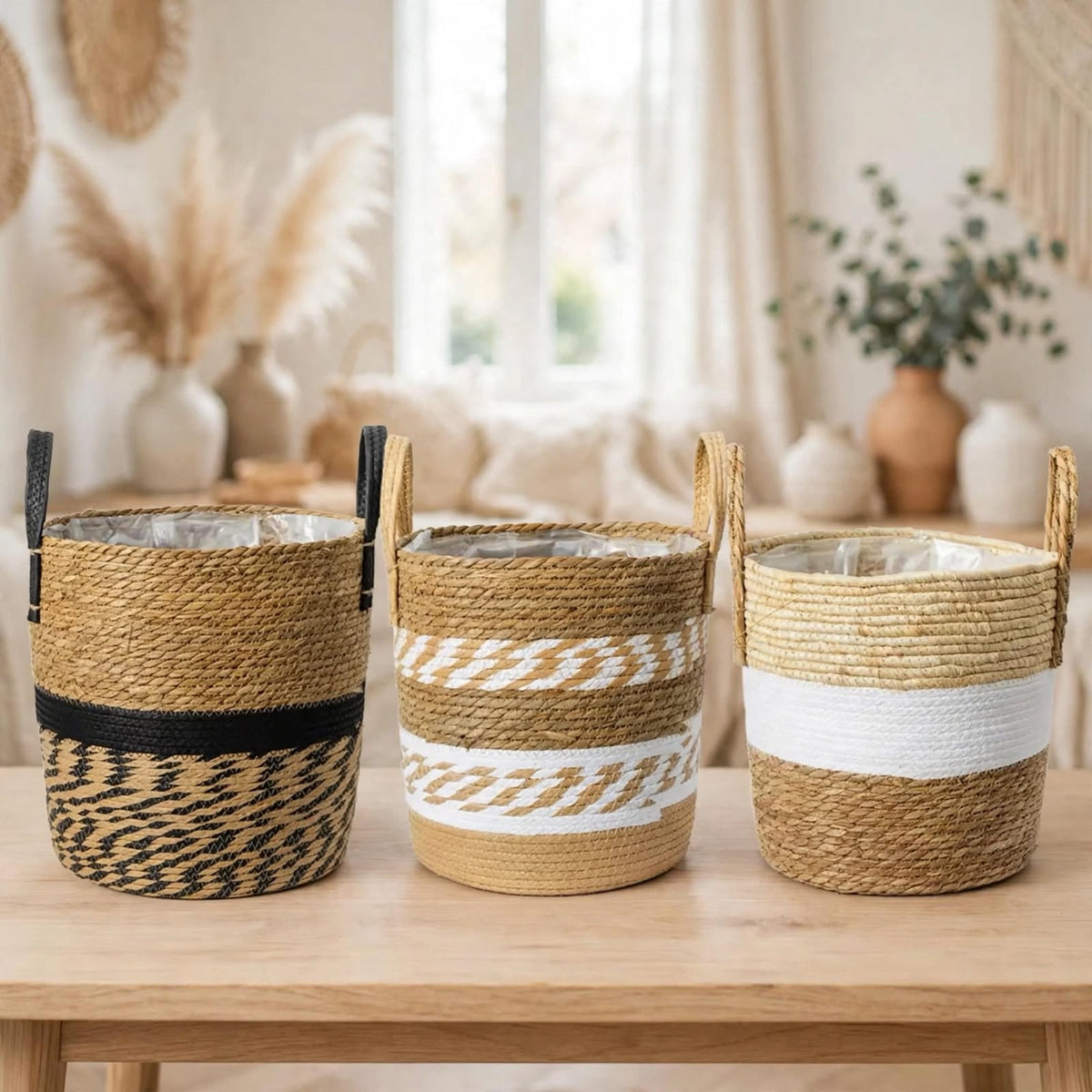 Trois cache-pots design tressés noir et blanc