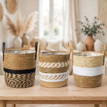 Trois cache-pots design tressés noir et blanc