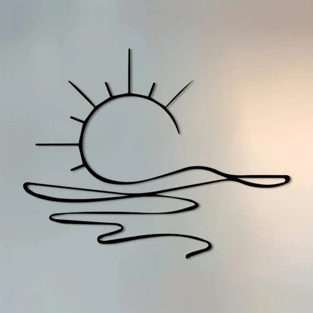 Decoration murale extérieure en métal noir représentant un coucher de soleil minimaliste.