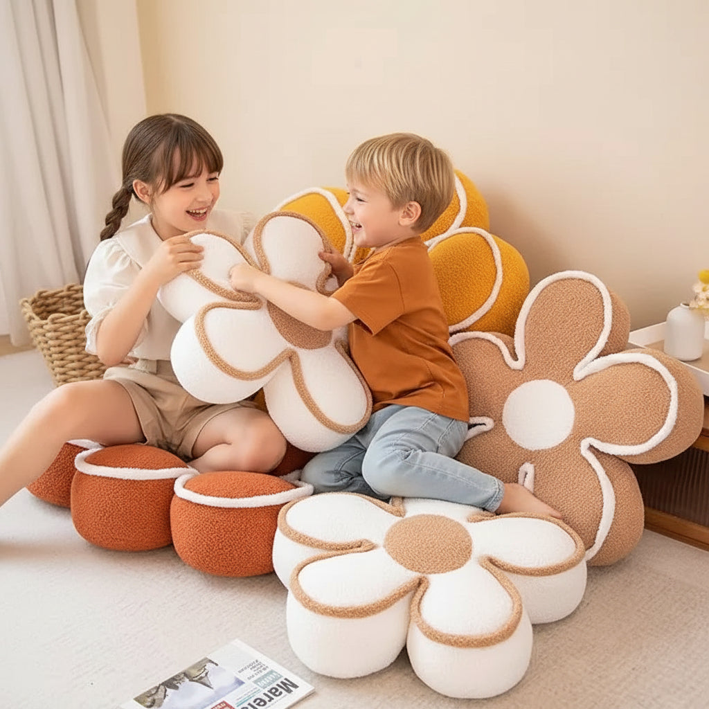 Coussin de sol forme fleur multicolore, palette couleurs disponibles