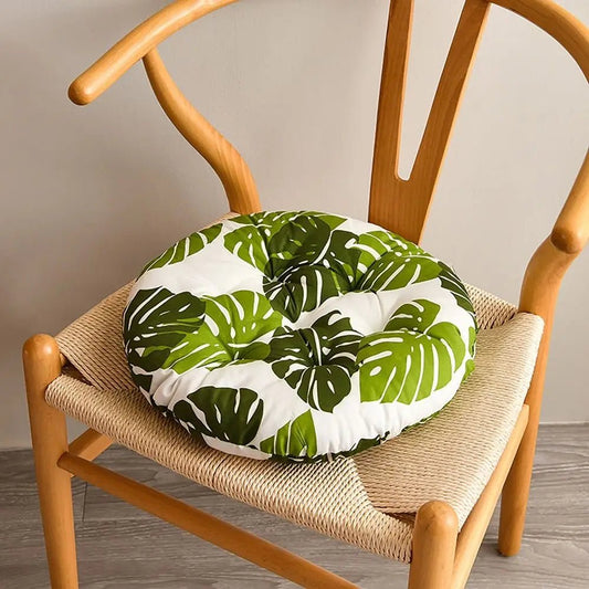 Coussin decoratif canape rond 40cm motif feuillage vert - galette chaise antiderapante
