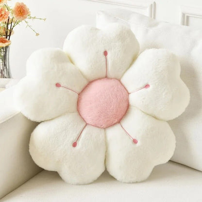"Coussin fleur 38 cm montrant la texture peluche courte et le remplissage coton duvet"