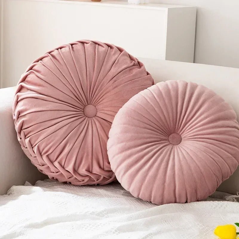 Coussin rond en velours plissé rose poudré, design citrouille 41x13cm pour canapé