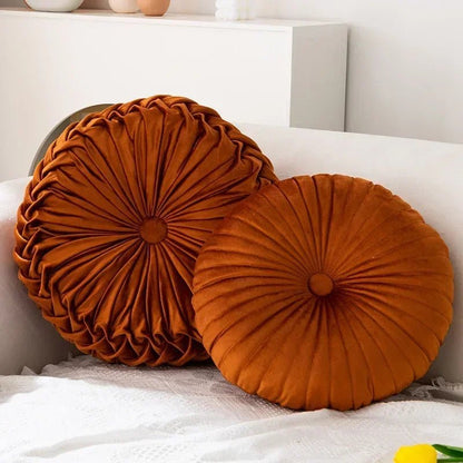  Coussin rond velours plissé marron poudré, vue arrière montrant la finition