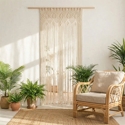 Cuisine rustique moderne Rideaux Cuisine en Macramé coton naturel fenêtre plantes décoration bohème chic naturelle