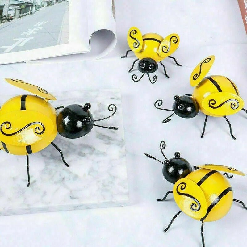 Décoration de jardin abeilles métal peint lot 4 pièces ornement pollinisateur coloré 