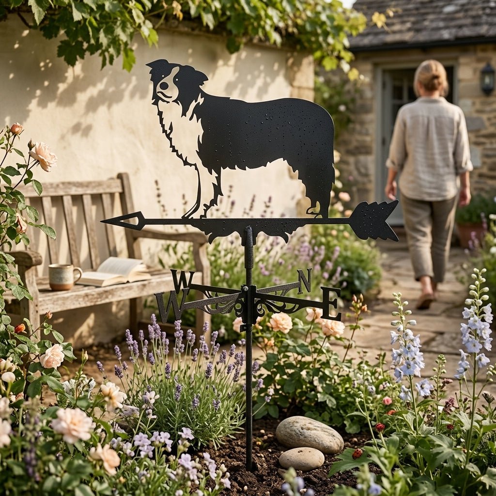 Décoration de jardin avec la Girouette Animée Berger Australien en fer forgé noir orientée vers l'est.