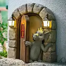 Décoration de jardin murale trompe-l'œil avec figurine dragon en résine et fenêtre en pierre reconstituée