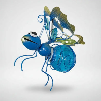 Décoration jardin abeille solaire lumineuse LED variante bleu turquoise fer forgé ailes verre coloré bleu éclairage nocturne autonome suspendue sculpture extérieure