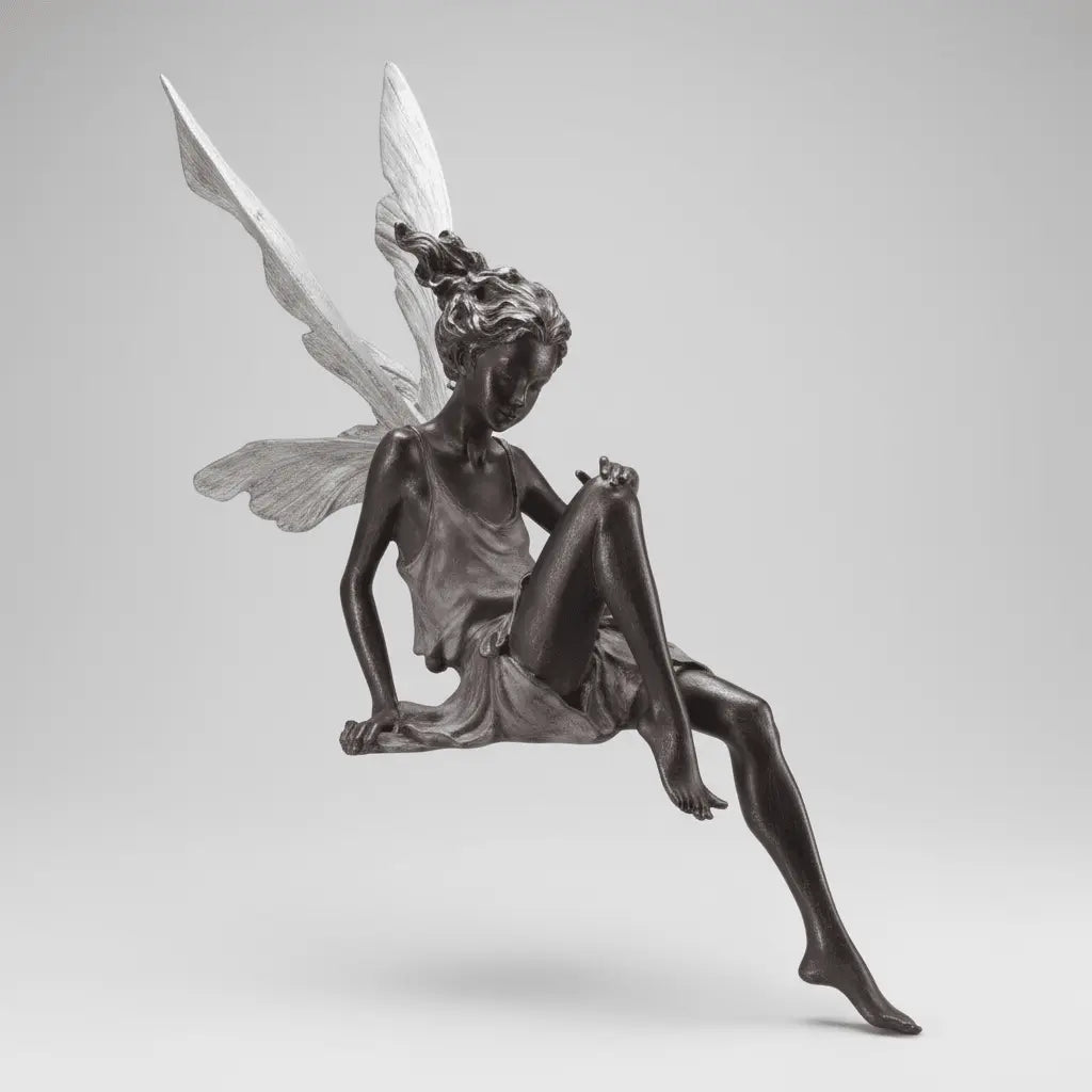 Décoration jardin fée résine assise position contemplative ailes déployées finition bronze vieilli packshot professionnel fond gris clair