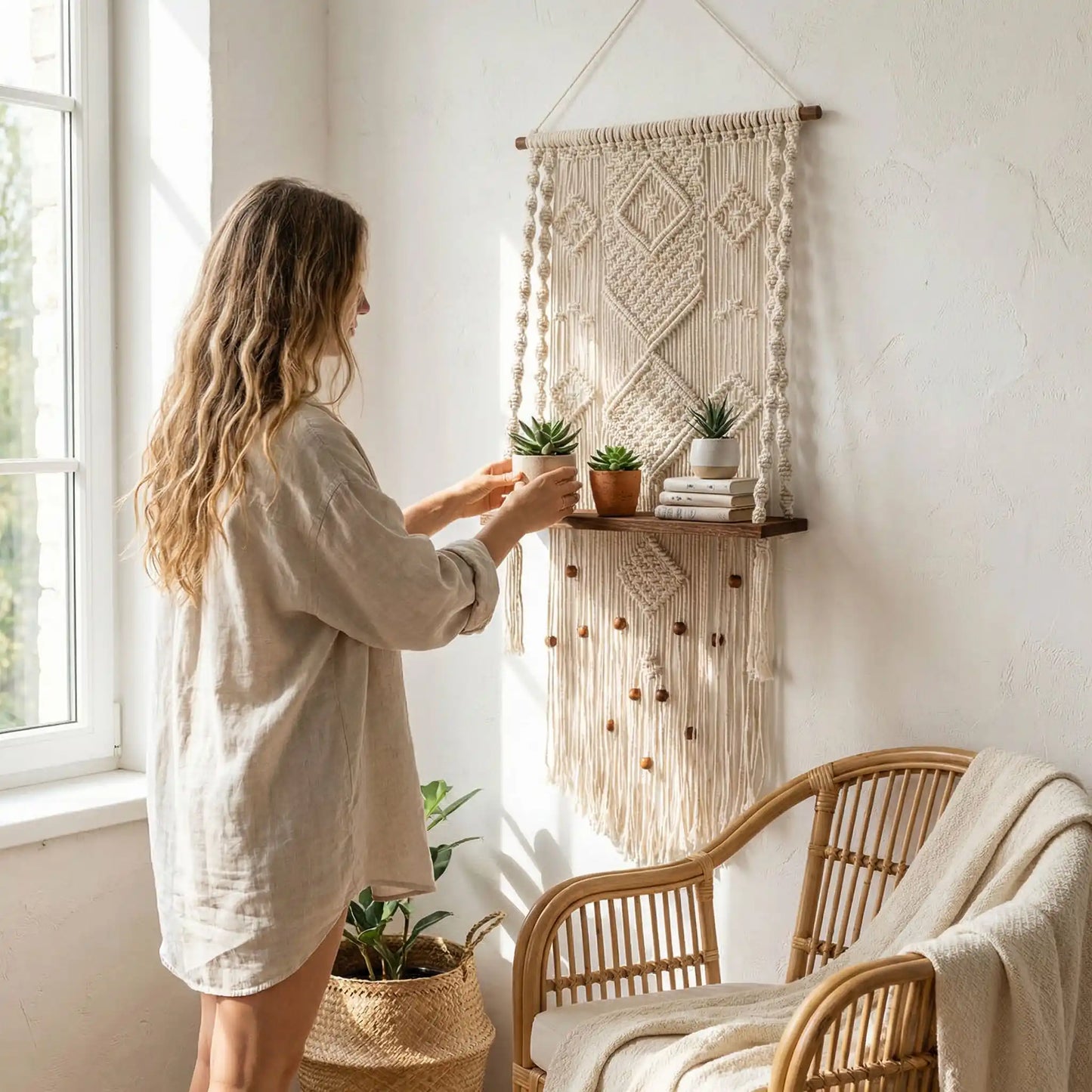 Décoration macramé polyvalente avec plantes succulentes bougies livres art mural fonctionnel