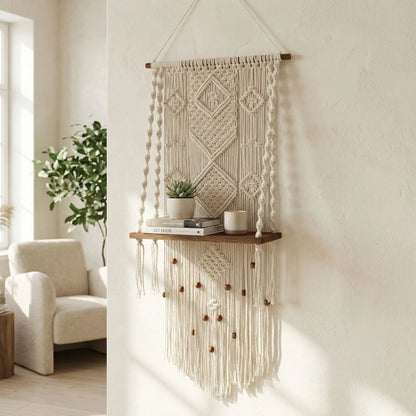Décoration macramé suspension murale artisanale coton naturel étagère bois bohème