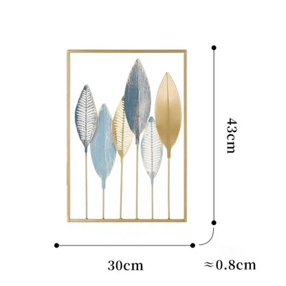 Decoration murale élégante, cadre rectangulaire doré avec feuilles stylisées bleues et or.