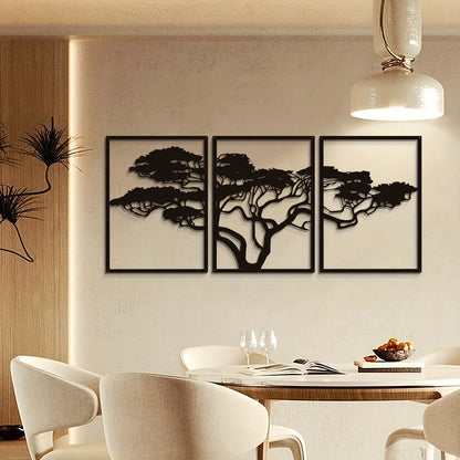 Décoration murale arbre de vie en trois panneaux métalliques noirs.
