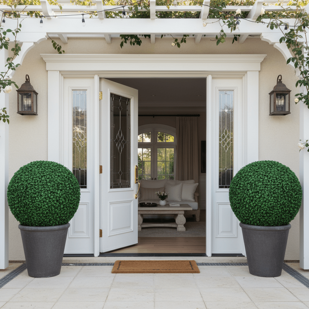 Décoration pour extérieur boules buis entrée composition symétrique élégante