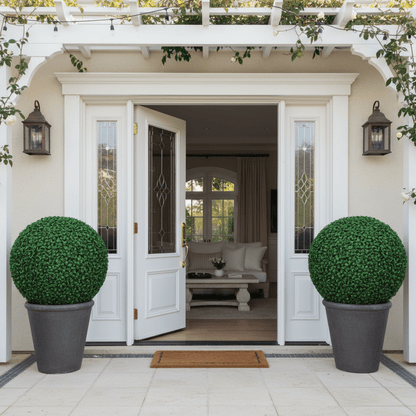 Décoration pour extérieur boules buis entrée composition symétrique élégante