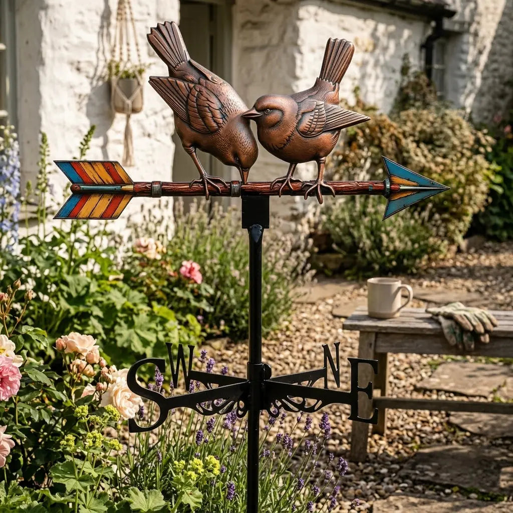 Détail d'une Girouette oiseau décorative avec deux oiseaux sur une flèche, installée sur un mât en fer forgé dans un jardin rustique.