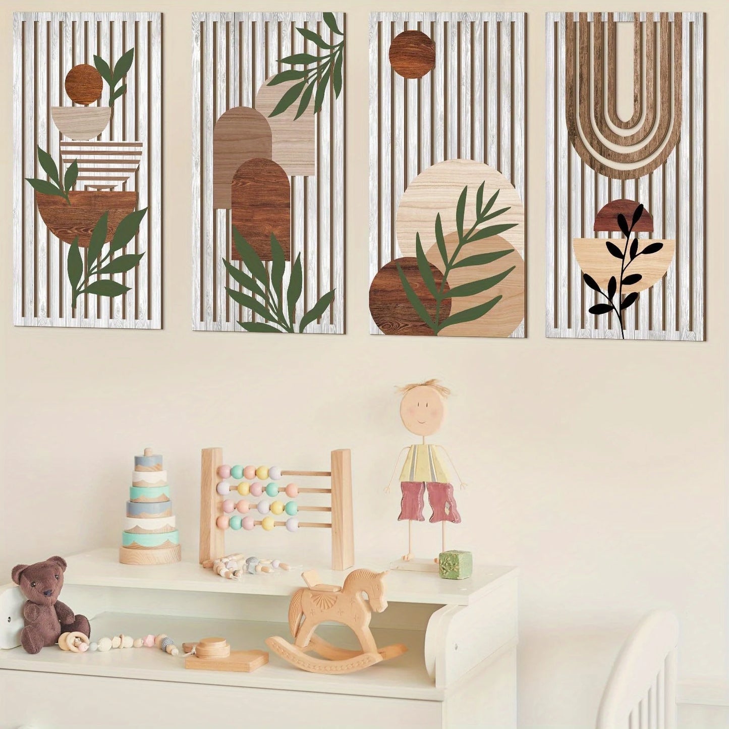 Quatre Decoration Bois Murale abstraits modernes en bois, plantes, beige, marron, blanc.