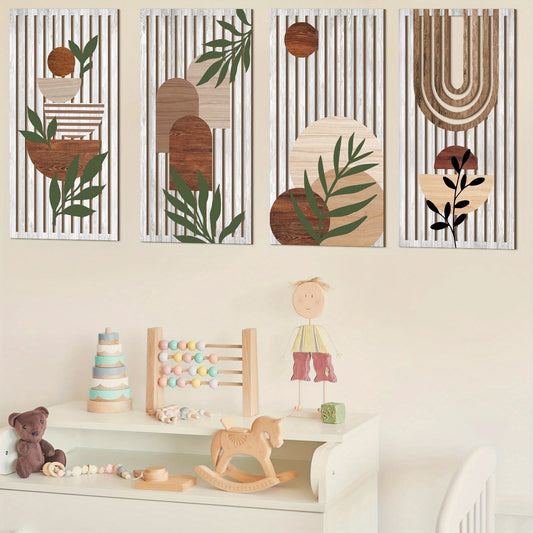 Quatre Decoration Bois Murale abstraits modernes en bois, plantes, beige, marron, blanc.