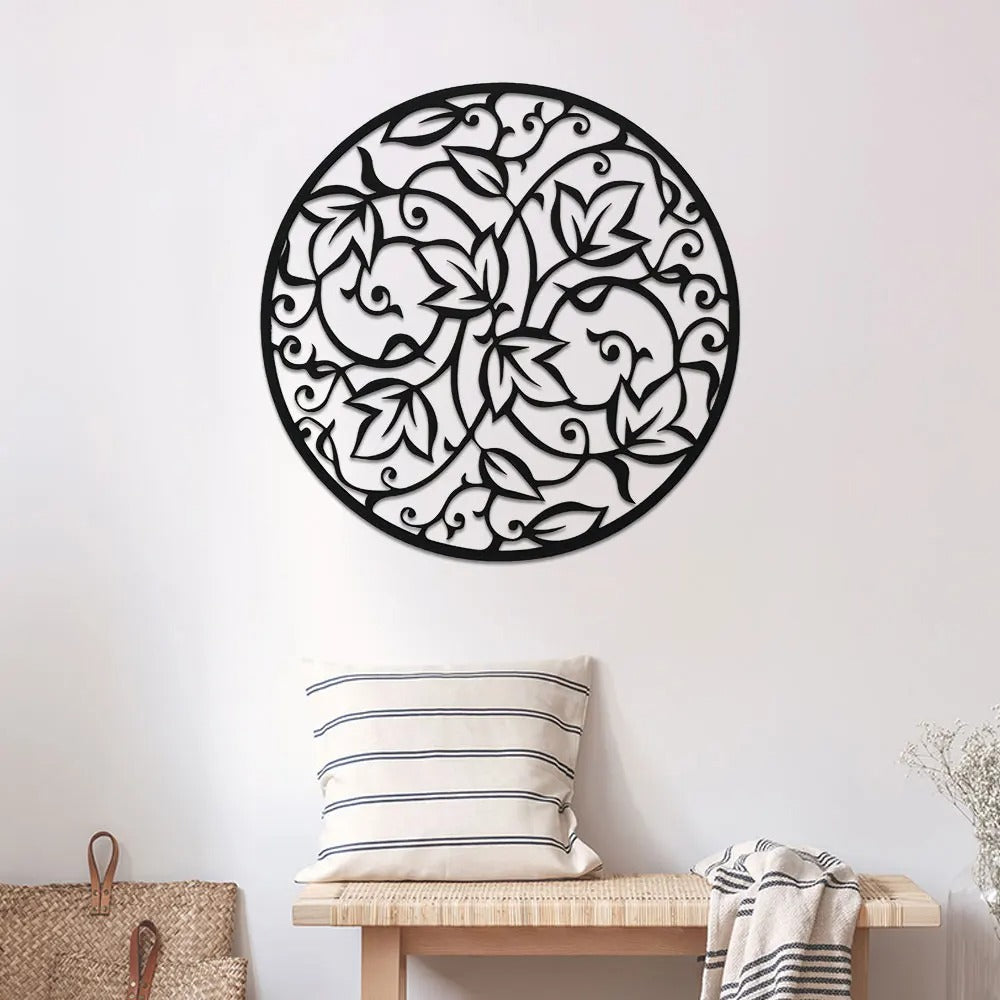 Decoration murale arbre de vie en métal noir, design floral circulaire.