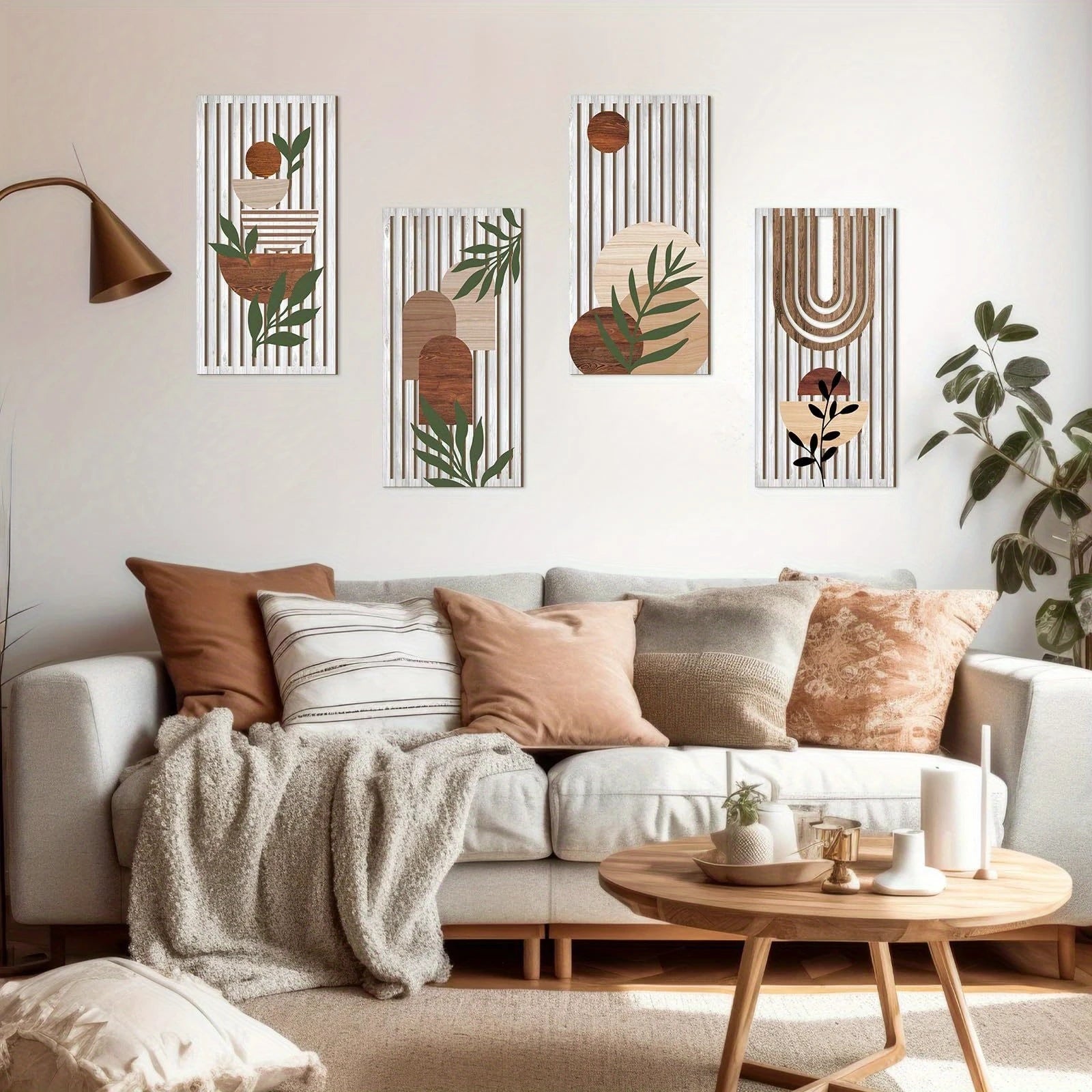 Decoration Murale Bois: Œuvres abstraites modernes ornant un salon cozy.