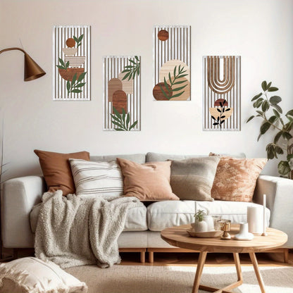 Decoration Murale Bois: Œuvres abstraites modernes ornant un salon cozy.