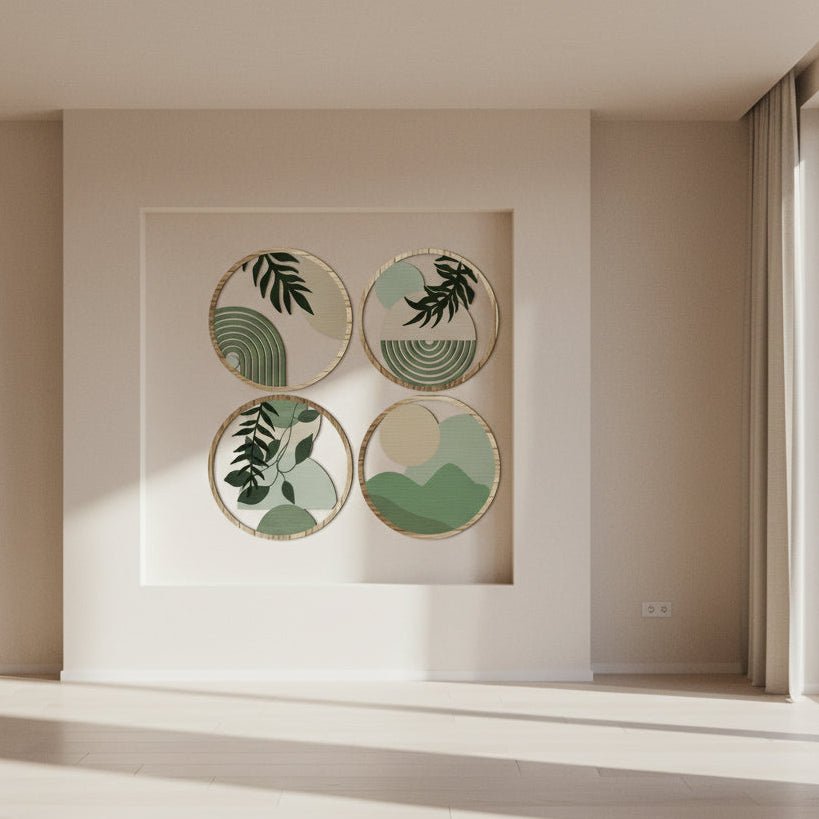 Quatre decorations murales bois circulaires, motifs végétaux et abstraits, tons verts apaisants.