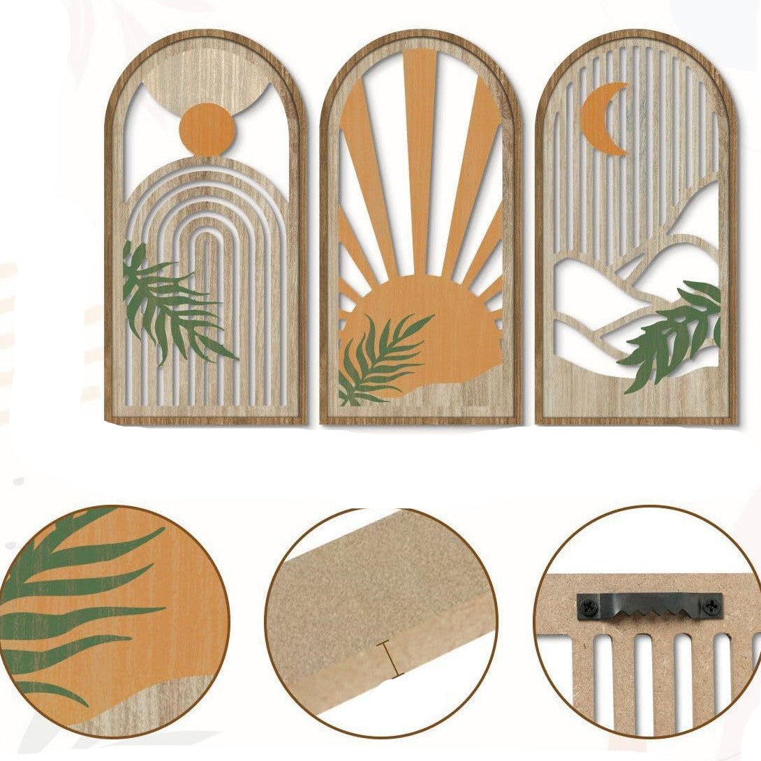 Trois Decoration murale bois, style arche, motifs bohèmes soleil, lune, feuilles.