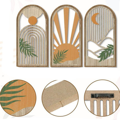 Trois Decoration murale bois, style arche, motifs bohèmes soleil, lune, feuilles.