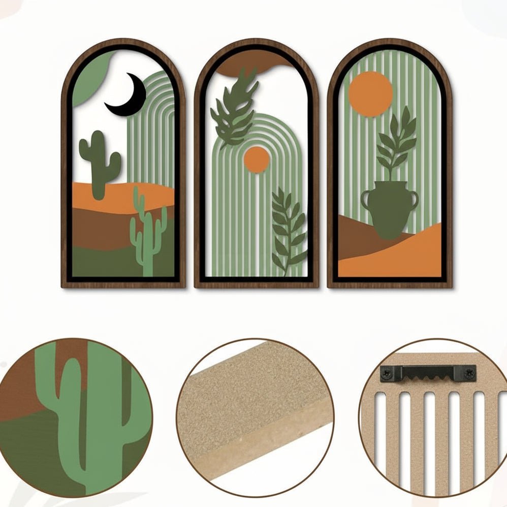 Trois Decoration murale bois arches, motifs abstraits nature, boho chic, moderne.